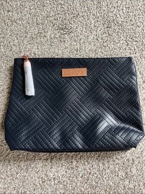 SkinBetter Science Navy Blue Quilted Makeup Pouch with Rose Gold Plaque